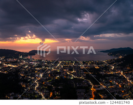 Aerial view of beautiful sunset sky over sea at Patong bay Phuket city Thailand 124481740