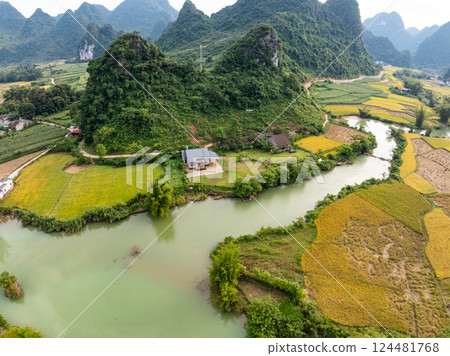 Aerial wide angle view of landscape with rice field at Phong Nam village in Trung Khanh, Cao Bang province,Northern Vietnam Aerial wide angle view of landscape with rice field at Phong Nam village in Trung Khanh, Cao Bang province,Northern Vietnam 124481768