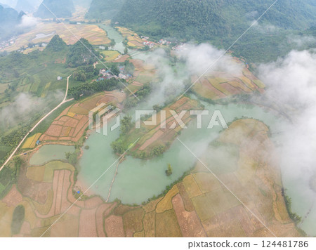 Beautiful sunrise landscape in Phong Nam valley, Amazing scenery landscape at Cao bang province, Northern Vietnam,Travel and nature landscape concept Beautiful sunrise landscape in Phong Nam valley, Amazing scenery landscape at Cao bang province, Northern Vietnam,Travel and nature landscape concept 124481786