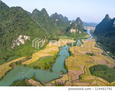 Beautiful sunrise landscape in Phong Nam valley, Amazing scenery landscape at Cao bang province, Northern Vietnam,Travel and nature landscape concept Beautiful sunrise landscape in Phong Nam valley, Amazing scenery landscape at Cao bang province, Northern Vietnam,Travel and nature landscape concept 124481792