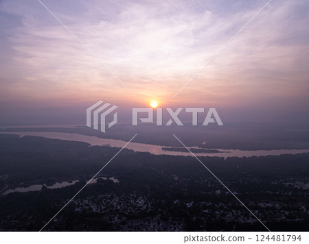 Aerial view Beautiful natural landscape Rainforest mountains in the sunrise or sunset time,Natural scenery tropical forest and fog in asia,Wide angle view drone shot 124481794