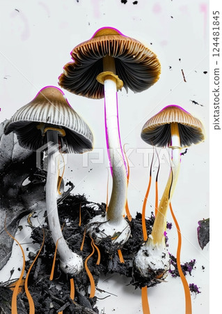 Psychedelic Mushrooms with Neon Accents for Retro 60s, Trippy Art 124481845