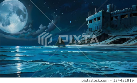 遊戲背景:滿月的夜景、海和舊工廠以及地平線 遊戲背景:滿月的夜景、海和舊工廠以及地平線 124481919