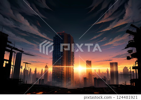 遊戲背景：人類被消滅的城市中壯麗的日落，類似動畫電影的風格 124481921