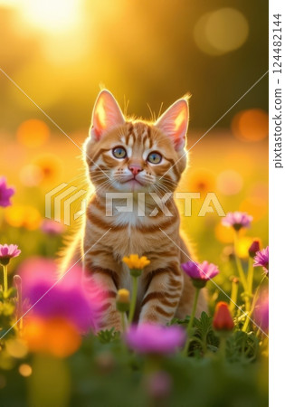 Cute red kitten sitting in a blooming meadow at sunset 124482144