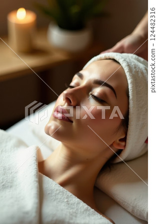 Beautician massaging woman's head at luxury spa 124482316