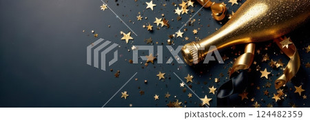 Golden champagne bottle celebrating new year's eve with festive gold confetti and ribbons on dark background 124482359