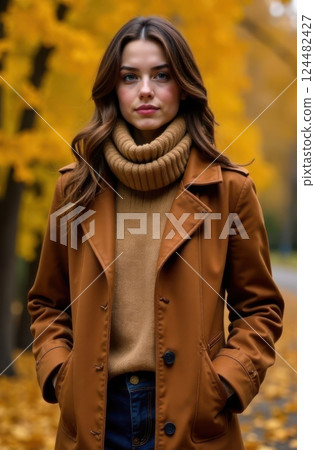 Fashion model posing with brown coat and turtleneck sweater in autumn park 124482427