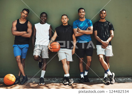 Portrait, basketball and team after sports training for a game on an outdoor professional court. Workout, athletes and healthy group of men with exercise and fitness for match on a playing court Portrait, basketball and team after sports training for a game on an outdoor professional court. Workout, athletes and healthy group of men with exercise and fitness for match on a playing court 124482534