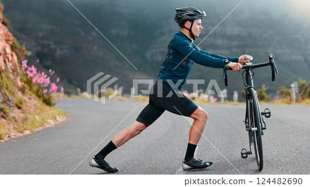 Man, bicycle and fitness stretching before cycling on road outdoor with training for race or competition. Sport athlete workout, cardio and exercise body for health, wellness and start bike ride 124482690