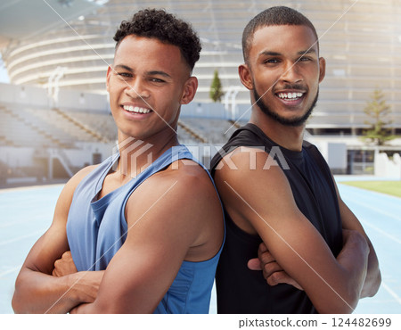 Athlete, standing and back in portrait together on track, field and stadium for sport in sunshine. Runner, black men and smile in happy, summer or training at arena for exercise, workout and wellness 124482699