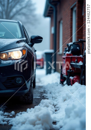 Car parked on driveway with snow and snow blower in winter 124482757