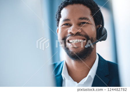 Customer support, black man and call center consultant speaking to an online client with a headset. Customer service, receptionist and telemarketing sales man consulting with technology in the office Customer support, black man and call center consultant speaking to an online client with a headset. Customer service, receptionist and telemarketing sales man consulting with technology in the office 124482782