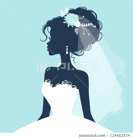 Silhouette of a Beautiful Bride in a Wedding Dress with Veil 124482874