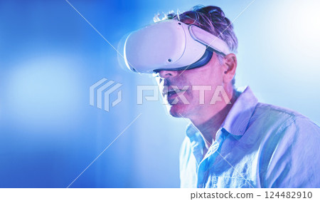 Virtual reality, vr metaverse or senior man with 3d goggles for virtual lights, cyber experience or augmented reality. Future, digital innovation or futuristic person with creative simulation tech Virtual reality, vr metaverse or senior man with 3d goggles for virtual lights, cyber experience or augmented reality. Future, digital innovation or futuristic person with creative simulation tech 124482910