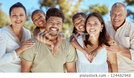 Happy, big family and portrait at park with kids, parents and grandparents smile, hug and bond in nature. Love, children and family day outdoor with relax, caring and cheerful people in Mexico 124482948