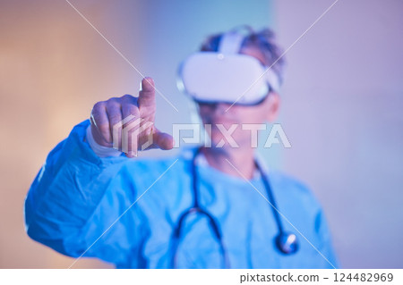 Doctor, finger and vr technology in healthcare, medical worker with virtual reality headset. Innovation, futuristic tech and ux for healthcare worker doing medical work and science research online 124482969