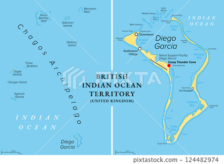 British Indian Ocean Territory, BIOT, political map. Atolls of the Chagos Archipelago in the Indian Ocean with largest island Diego Garcia, the site of a Joint Military Facility of the U.K. and USA. British Indian Ocean Territory, BIOT, political map. Atolls of the Chagos Archipelago in the Indian Ocean with largest island Diego Garcia, the site of a Joint Military Facility of the U.K. and USA. 124482974