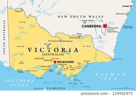Victoria, state in southeastern Australia, political map. Commonly abbreviated Vic, 2nd-smallest and 2nd-most populated state, with capital Melbourne. Map with largest cities, rivers and lakes. Vector Victoria, state in southeastern Australia, political map. Commonly abbreviated Vic, 2nd-smallest and 2nd-most populated state, with capital Melbourne. Map with largest cities, rivers and lakes. Vector 124482975
