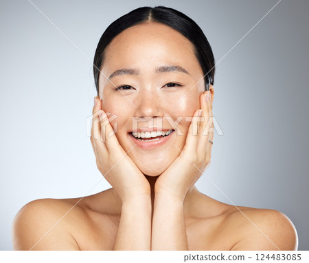 Cosmetics, asian woman and facial care for natural beauty, wellness and smile being happy, studio background and healthy. Portrait, makeup and organic facial for skincare, health and relax body care. Cosmetics, asian woman and facial care for natural beauty, wellness and smile being happy, studio background and healthy. Portrait, makeup and organic facial for skincare, health and relax body care. 124483085