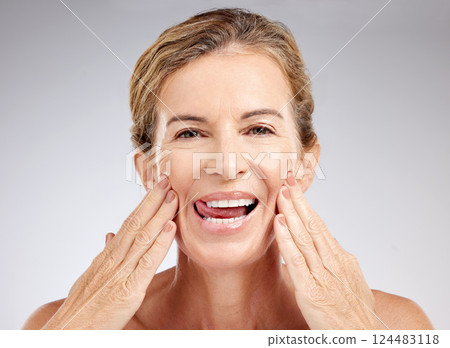 Beauty, skincare and facial with senior woman for natural makeup, spa and wellness with face product. Luxury, health and smile with portrait of happy elderly model for salon, treatment and cosmetics Beauty, skincare and facial with senior woman for natural makeup, spa and wellness with face product. Luxury, health and smile with portrait of happy elderly model for salon, treatment and cosmetics 124483118