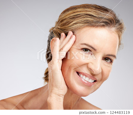Beauty, skincare and senior with portrait of woman for wellness, health and natural makeup. Spa, facial and luxury with face of elderly model and smile for salon, botox and cosmetics product 124483119
