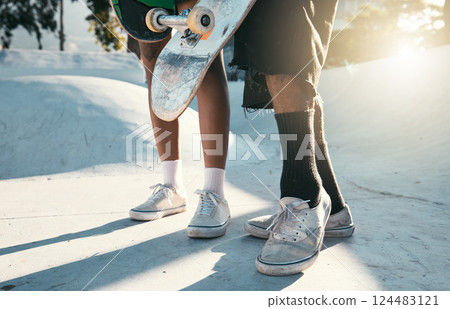 Skater, urban and legs, skateboard and skate park, friends have fun outdoor, trendy and sport, together and athletic at sunset. Skating, shoes and youth, gen z and physical activity outside in city. 124483121