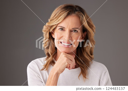Mature woman, beauty and skincare for healthy skin, smile and happiness against mockup studio background. Face portrait of happy lady model posing for cosmetology, wellness or dermatology advertising Mature woman, beauty and skincare for healthy skin, smile and happiness against mockup studio background. Face portrait of happy lady model posing for cosmetology, wellness or dermatology advertising 124483137