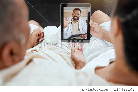 Digital tablet, video call and doctor consulting with elderly couple in their home for telehealth, checkup and healthcare discussion. Living room, medical and health expert talking to senior people 124483142
