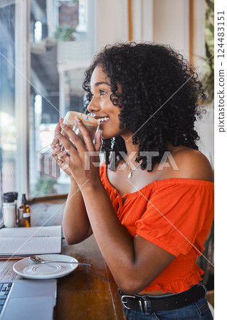 Coffee, relax and happy black woman in cafe enjoying caffeine, espresso or cappuccino while working on laptop. Freelancer, remote worker or female from South Africa drinking beverage on writing break 124483151