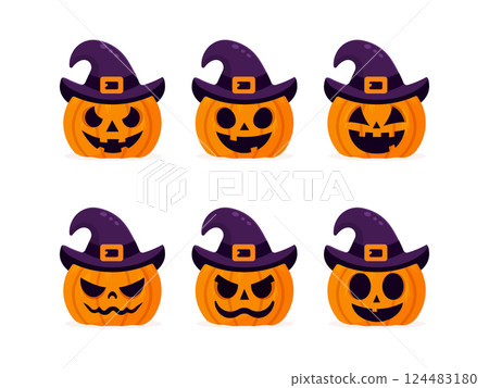 Halloween Pumpkins Set in Witch Hats Isolated on White Background Halloween Pumpkins Set in Witch Hats Isolated on White Background 124483180