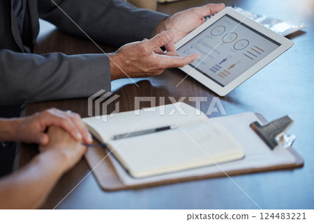 Budget, meeting and digital tablet by business people planning, growth and finance analysis in office. Chart, data and accounting statistics in a business meeting with corporate employee discuss goal 124483221