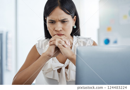 Stress, anxiety and business woman on laptop working in office with financial mistake, 404 glitch or security scam. Woman, worry and burnout by designer, employee and worker concerned about phishing Stress, anxiety and business woman on laptop working in office with financial mistake, 404 glitch or security scam. Woman, worry and burnout by designer, employee and worker concerned about phishing 124483224