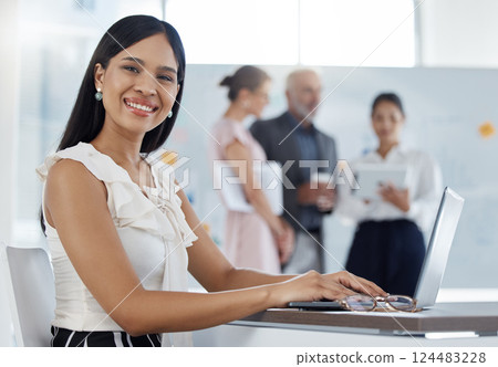 Laptop, smile and portrait of business woman and working on management, email and data planning. Internet, innovation and technology with employee at desk in office for digital, website and research Laptop, smile and portrait of business woman and working on management, email and data planning. Internet, innovation and technology with employee at desk in office for digital, website and research 124483228