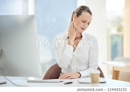 Stress, burnout and neck pain with business woman in office and massage for anxiety, tired and headache. Research, exhausted and accountability with employee working on computer at desk with injury 124483232