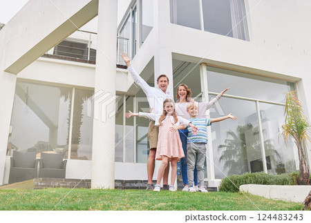 Happy, family and home investment real estate of people that celebrate new property outdoor. Man realtor, mother and children with happiness, smile and a love for a house with excited kids and parent Happy, family and home investment real estate of people that celebrate new property outdoor. Man realtor, mother and children with happiness, smile and a love for a house with excited kids and parent 124483243