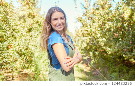 Happy, farm and portrait of woman farmer with trees in sustainable, agriculture and agro environment. Sustainability, happiness and eco friendly girl farming in countryside during summer in Australia Happy, farm and portrait of woman farmer with trees in sustainable, agriculture and agro environment. Sustainability, happiness and eco friendly girl farming in countryside during summer in Australia 124483256