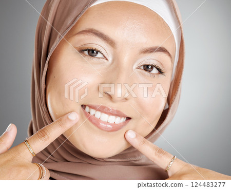Beauty, muslim and woman with teeth portrait pointing at healthy smile with fingers closeup. Happy face of beautiful girl with hijab smiling with confidence for dental care in grey studio. Beauty, muslim and woman with teeth portrait pointing at healthy smile with fingers closeup. Happy face of beautiful girl with hijab smiling with confidence for dental care in grey studio. 124483277
