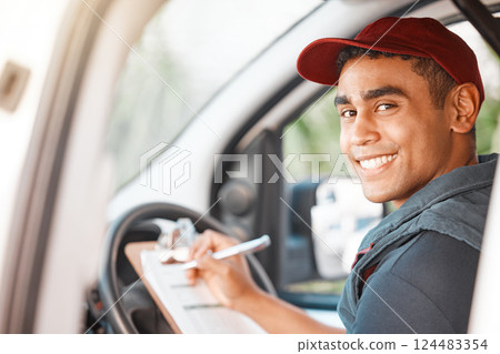 Logistics, delivery car and man with clipboard paperwork or checklist for stock, product distribution or shipping info. Supply chain industry, courier service and happy van or truck driver working Logistics, delivery car and man with clipboard paperwork or checklist for stock, product distribution or shipping info. Supply chain industry, courier service and happy van or truck driver working 124483354