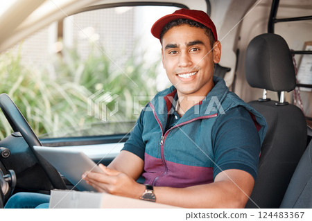 Man, van or tablet in delivery logistics, ecommerce shipping or online shopping transport management. Portrait, smile or happy courier worker in car on e commerce retail stock distribution technology 124483367