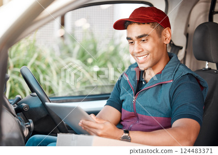Man, car and tablet for delivery management, ecommerce order or online shopping transport logistics. Smile, happy or courier worker on technology in van for e commerce product or retail distribution Man, car and tablet for delivery management, ecommerce order or online shopping transport logistics. Smile, happy or courier worker on technology in van for e commerce product or retail distribution 124483371