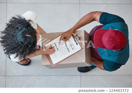 Delivery, shipping and logistics with a woman customer and man courier signing documents from above. Ecommerce, retail and supply chain with a male shipment worker delivering a package to a consumer Delivery, shipping and logistics with a woman customer and man courier signing documents from above. Ecommerce, retail and supply chain with a male shipment worker delivering a package to a consumer 124483372