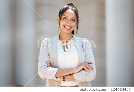 City business woman, portrait and smile for corporate success, motivation and vision in urban New York USA outdoors. Happy young female entrepreneur, employee and worker with vision of career goals 124483405