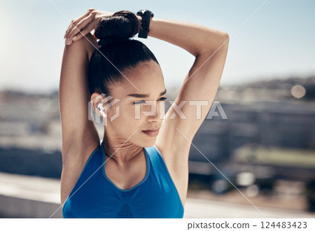 Fitness, stretching and woman with music headphones for streaming radio song, motivation podcast or audio sound. Runner girl with earphones, listening and prepare for exercise workout or training run 124483423