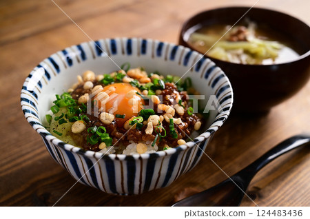 Meat, miso, egg and rice with natto soup Meat, miso, egg and rice with natto soup 124483436
