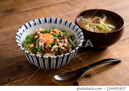 Meat, miso, egg and rice with natto soup Meat, miso, egg and rice with natto soup 124483437