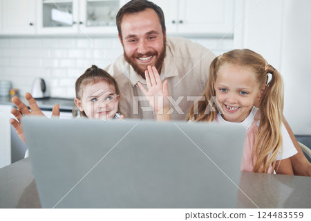 Laptop, video call and happy father with kids wave at digital device screen together in kitchen. Smiling children, talking and virtual cyber conversation communication during lockdown on digital pc 124483559