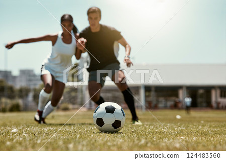Friends, soccer player and soccer training game on football field for fitness workout on grass outdoor football pitch for body or cardiovascular health. People, soccer ball and summer run in Brazil 124483560