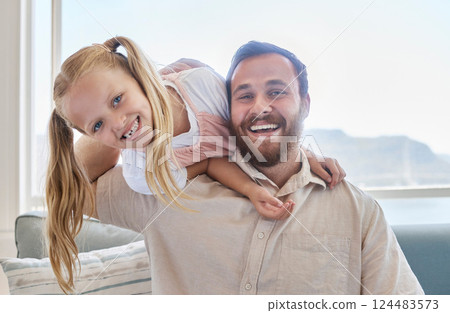 Love, father and girl being happy, smile and bonding doing hug, embrace and being together on sofa in living room. Male dad, daughter and child have fun, laugh and happiness in lounge on sofa and joy 124483573