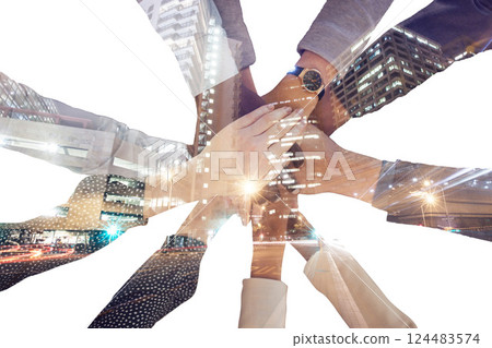 Corporate hands, business and support in double exposure of the city against white background. Hand of employee group in teamwork success for unity, trust and agreement for company goals with overlay Corporate hands, business and support in double exposure of the city against white background. Hand of employee group in teamwork success for unity, trust and agreement for company goals with overlay 124483574